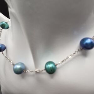 Sterling Silver Blue and Green Pearl Necklace. 30 Inch